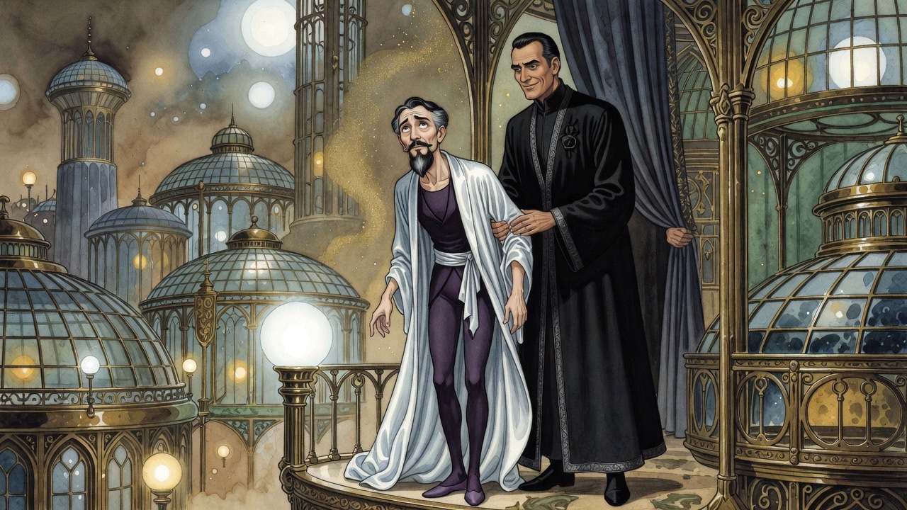 An imagined picture: the Sleeper in satin with a sleek man in black standing close behind him like a keeper.