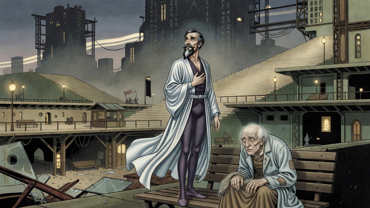 The bearded man rises to his full height against towering dark façades.