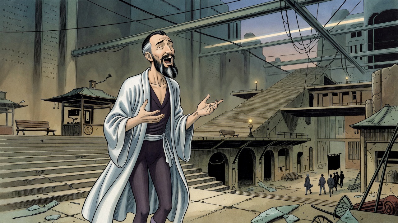 The bearded man throws back his head in exasperated laughter.