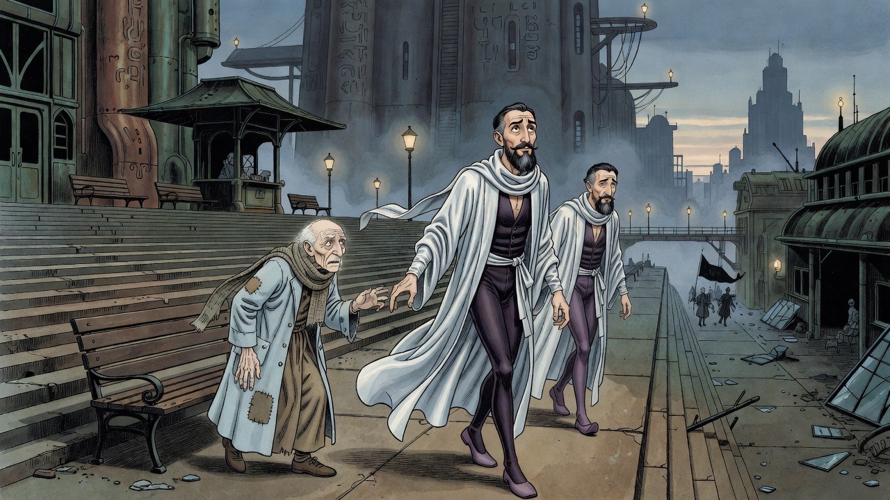The old man hobbles after the striding bearded man, clawlike hand outstretched.