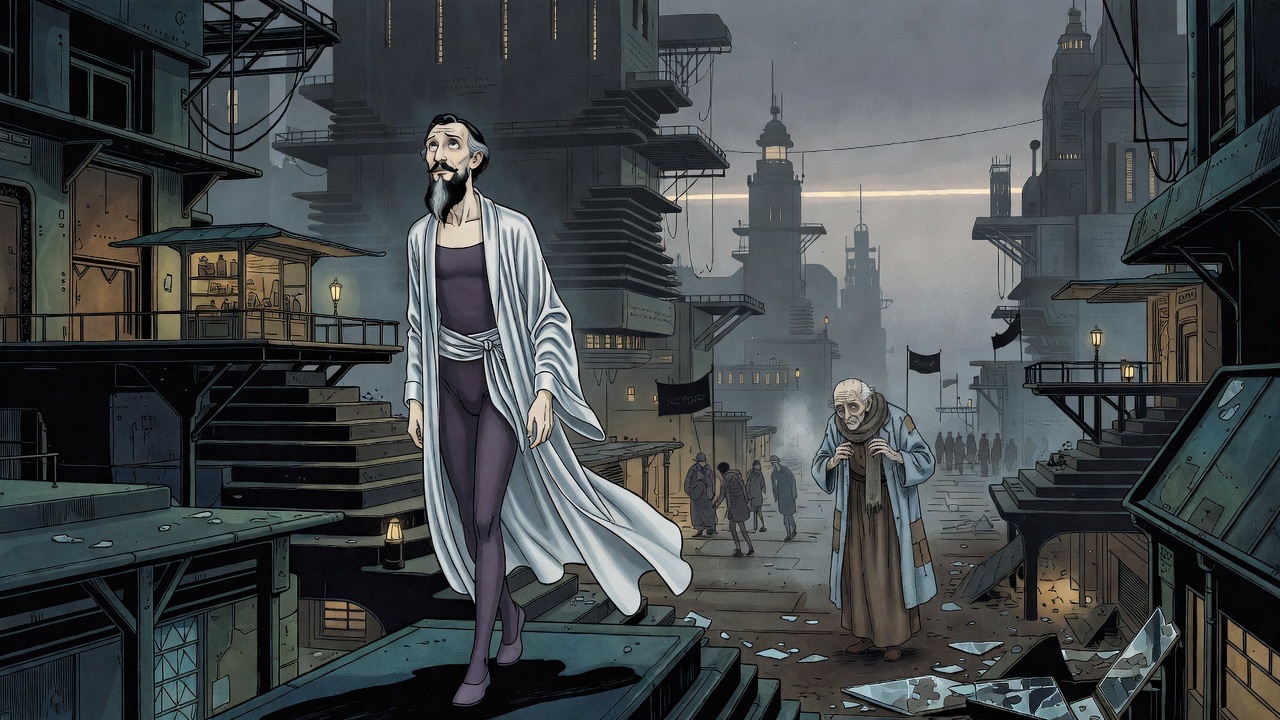 The bearded man walks away alone into the grey gloom as the old man's figure fades into darkness behind.