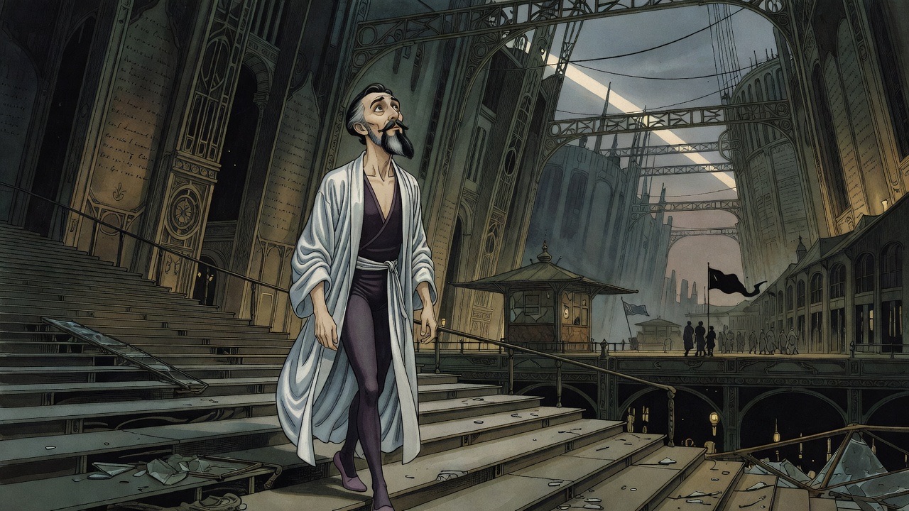 A small robed figure walks alone along vast motionless stepped platforms in grey gloom beneath towering ghostly façades.