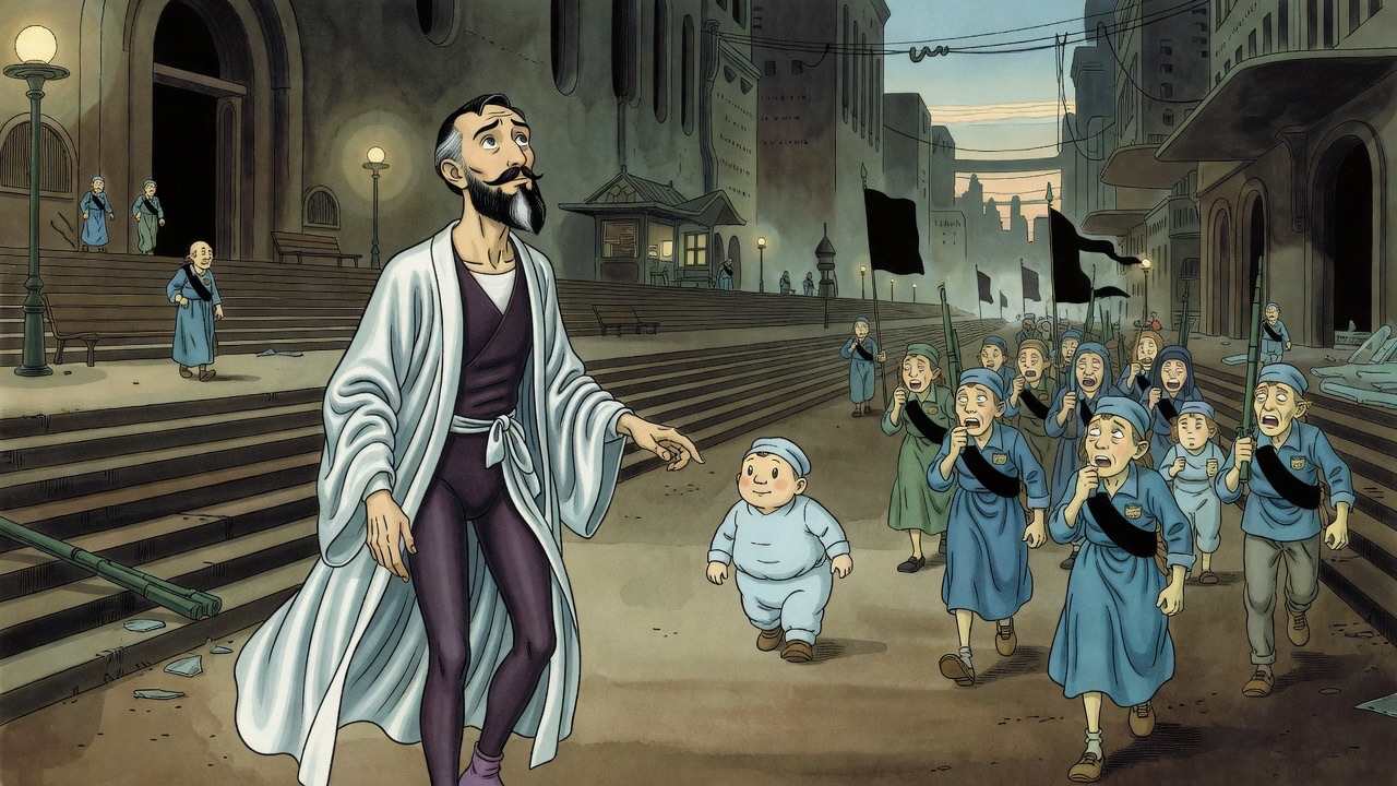 A bearded man in a pale robe follows at a distance behind a small round man along a dim way, hesitating to speak.