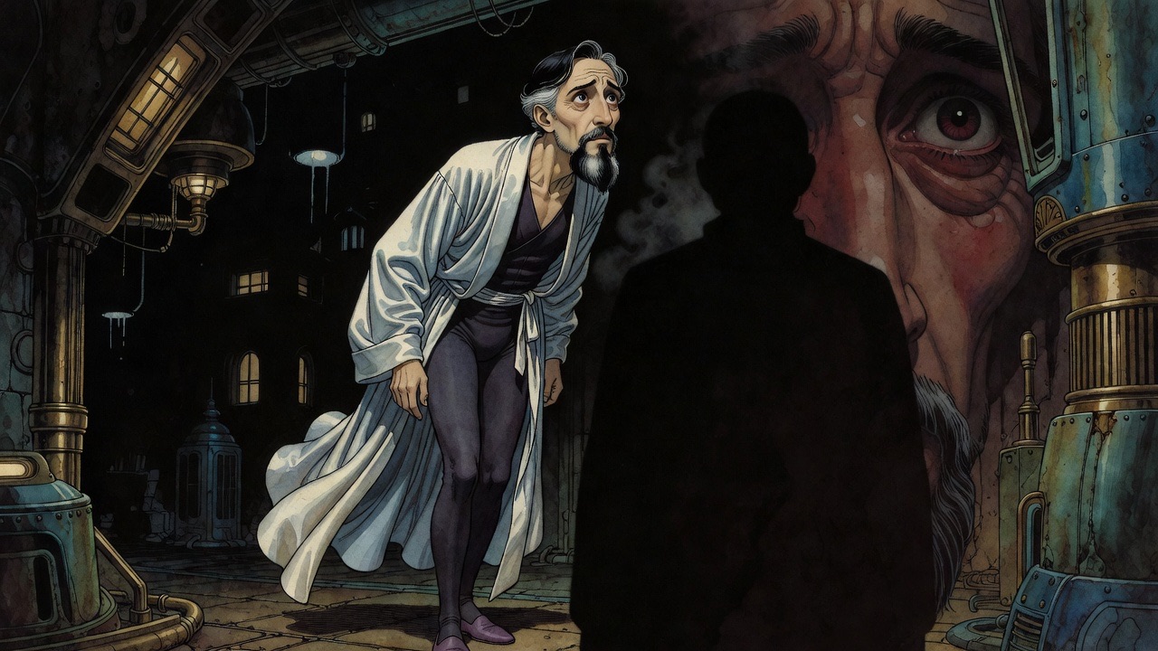 A man stands frozen in darkness while a huge indistinct shadow looms close beside him.