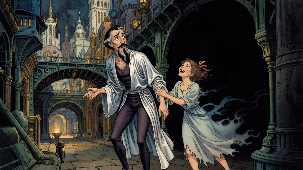 A laughing young woman emerges from darkness and catches hold of a bewildered bearded man's arm.