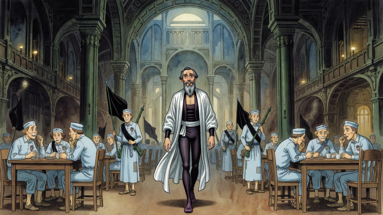 A long dark hall of tables recedes into shadow where a few shadowy figures sit eating while a man gropes his way down the aisle.