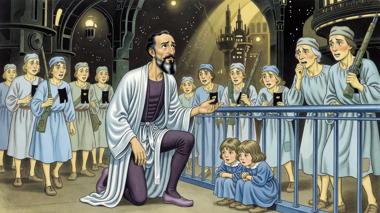 A kneeling man reaches gently toward two small girls huddled together by a railing in a dark gallery.