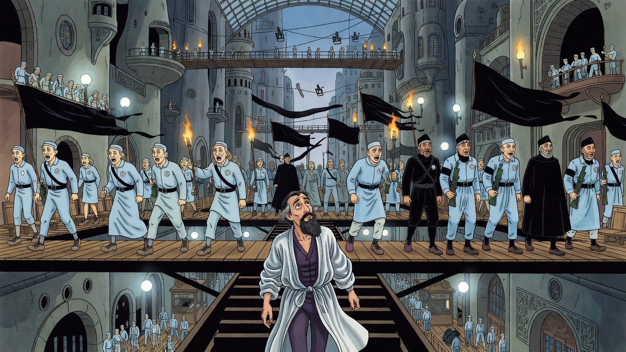 A disorderly crowd carrying torches and black banners marches singing along a city way as a man emerges from a staircase below.
