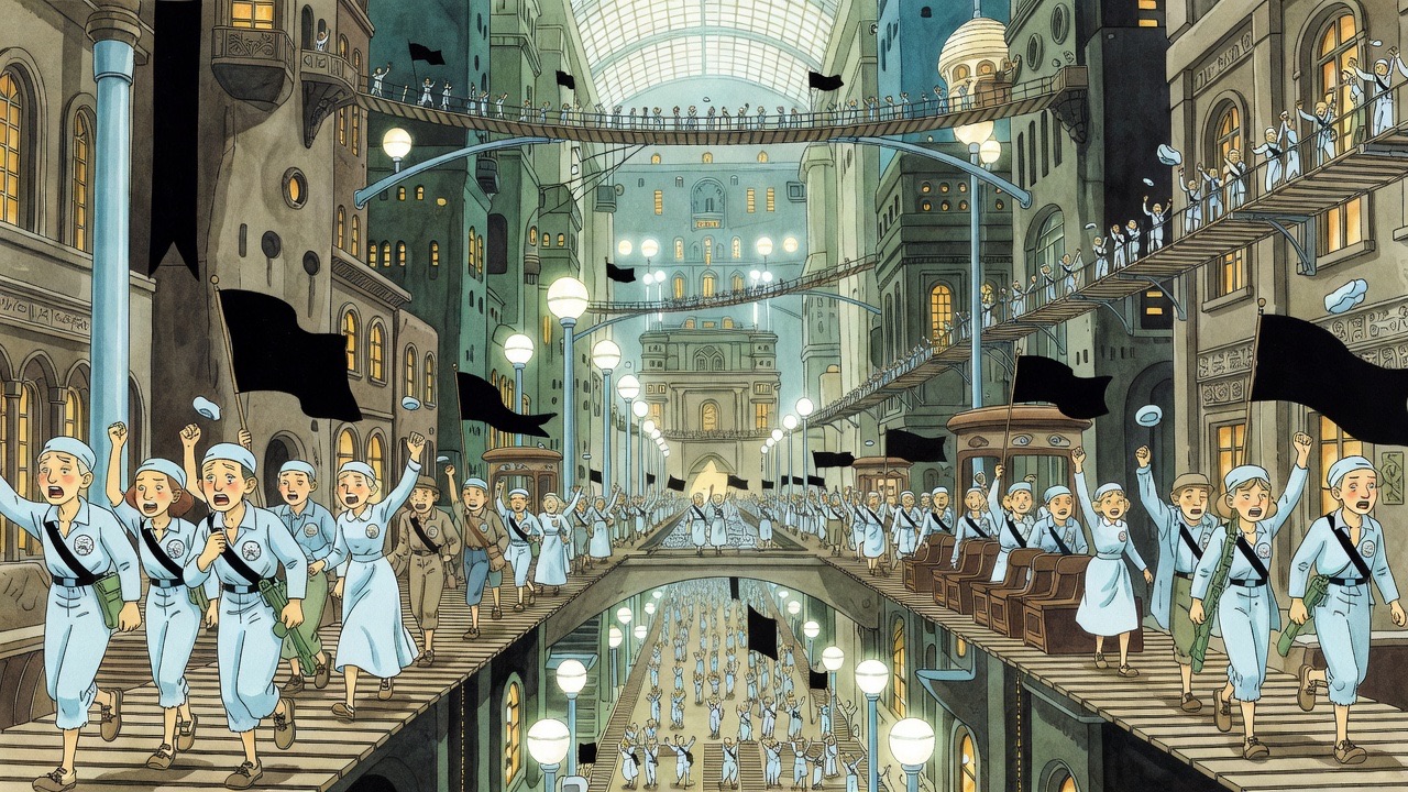 Seen from above, cheering processions with black banners pour along the ways toward a great lit façade.