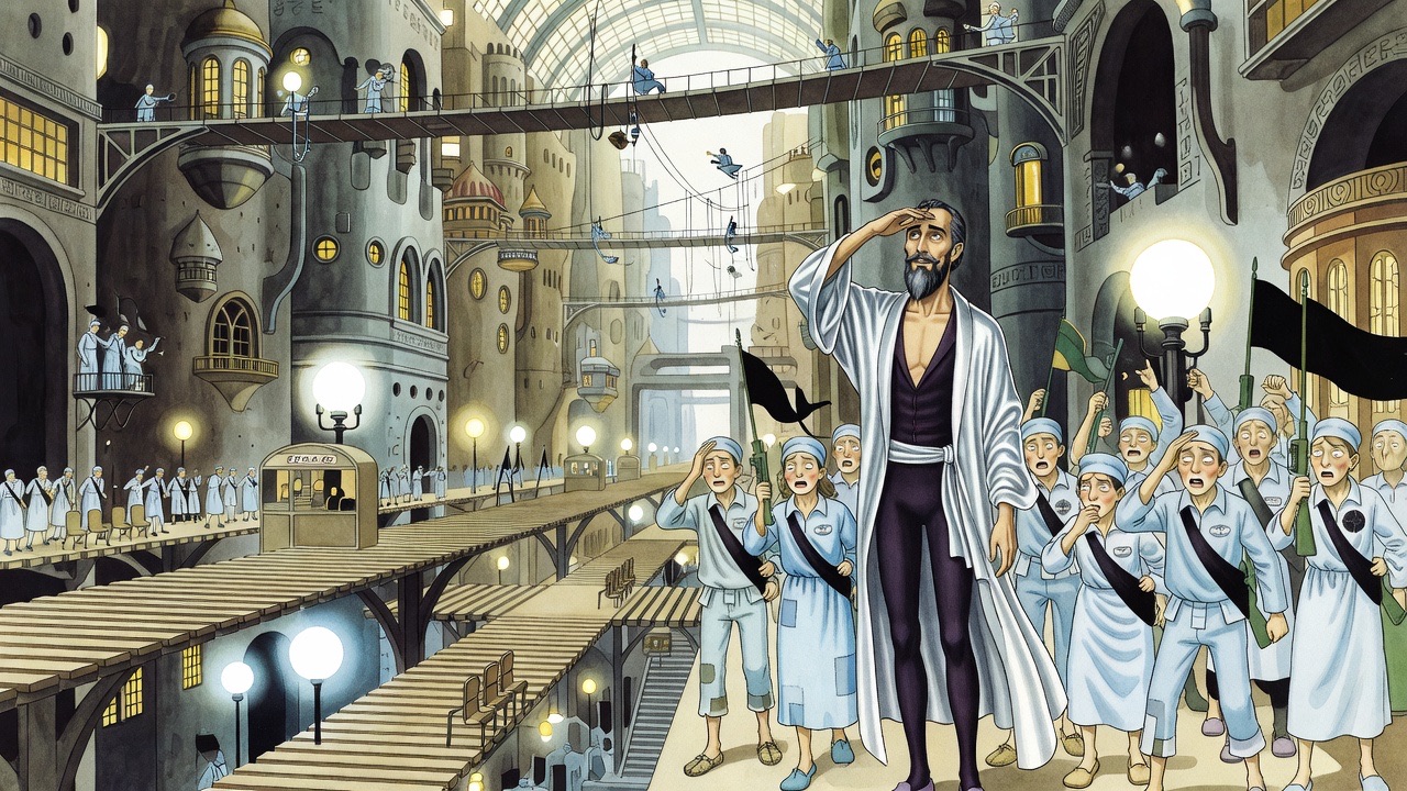 Blinding white light floods a crowded city canyon as a bearded man and everyone around him flinch and shield their eyes.