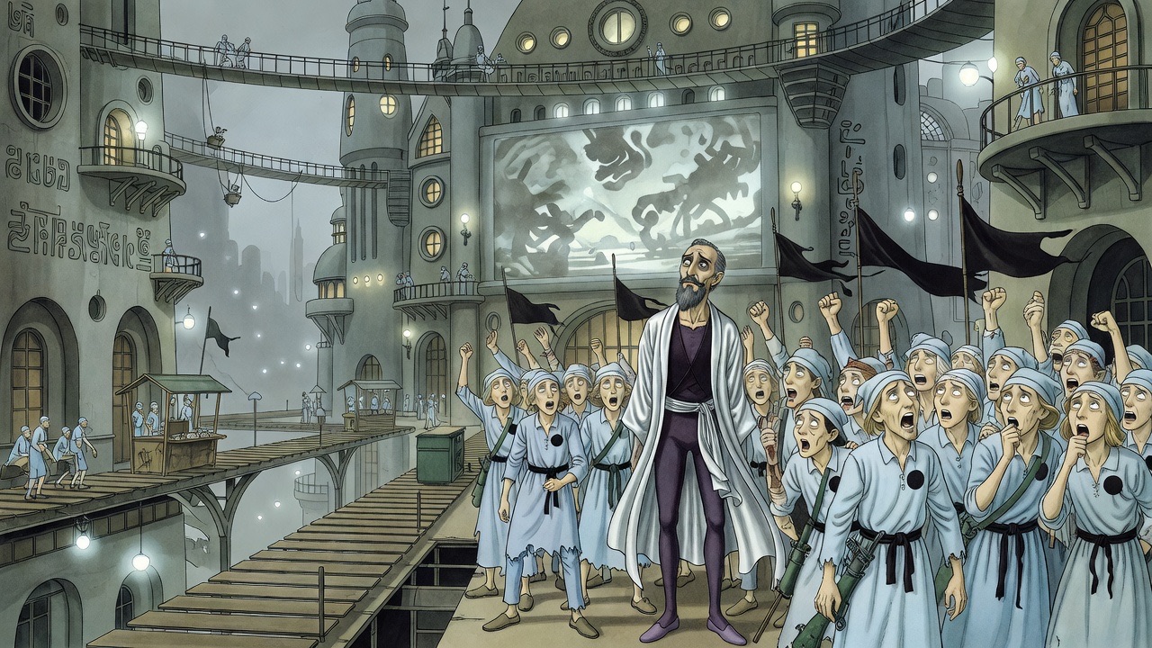 Hoarse, bandaged men cheering jostle a bearded man in a dense crowd before a building lit with a vast glowing moving picture.