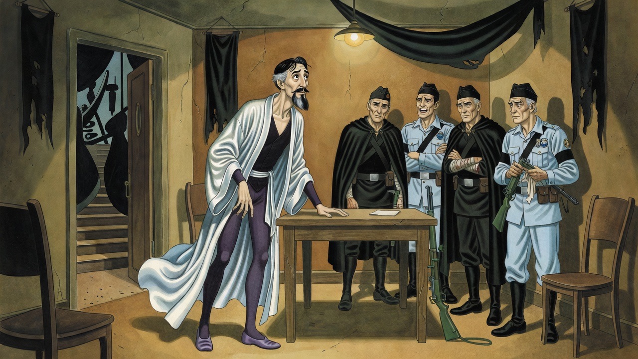 Guards in black in a bare guard room laugh at a bearded man pleading at their table.