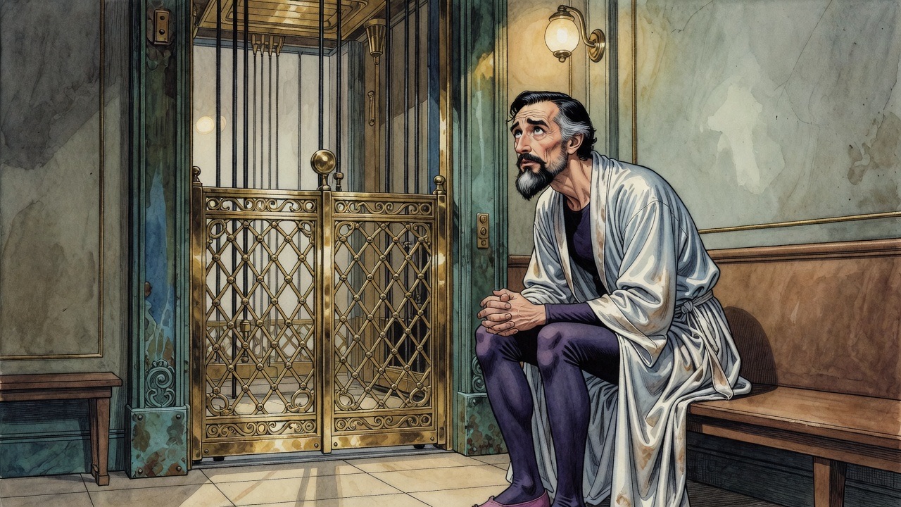 A man sits alone on a bench in a small bare room beside a lift shaft's grille.
