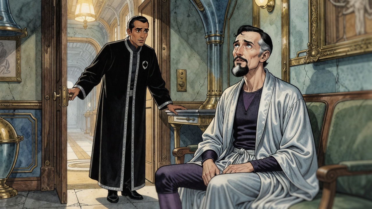 A tall man in a black robe stops in a doorway, peering in astonishment at a seated bearded man.