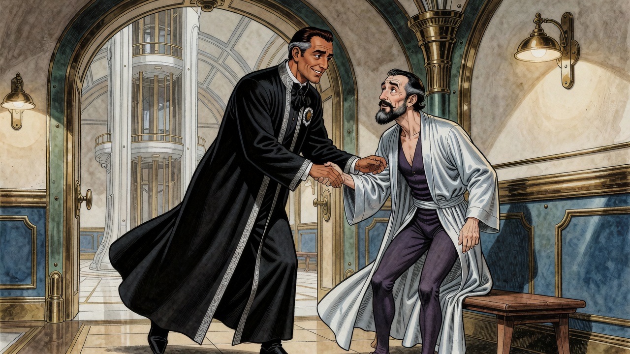 A tall man in a black robe rushes forward and clasps the hands of a bearded man in a satin robe.