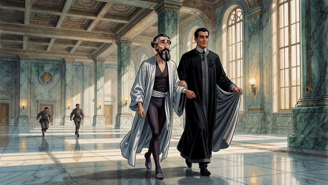 Two small figures cross a vast empty hall while two messengers hurry past in the distance.