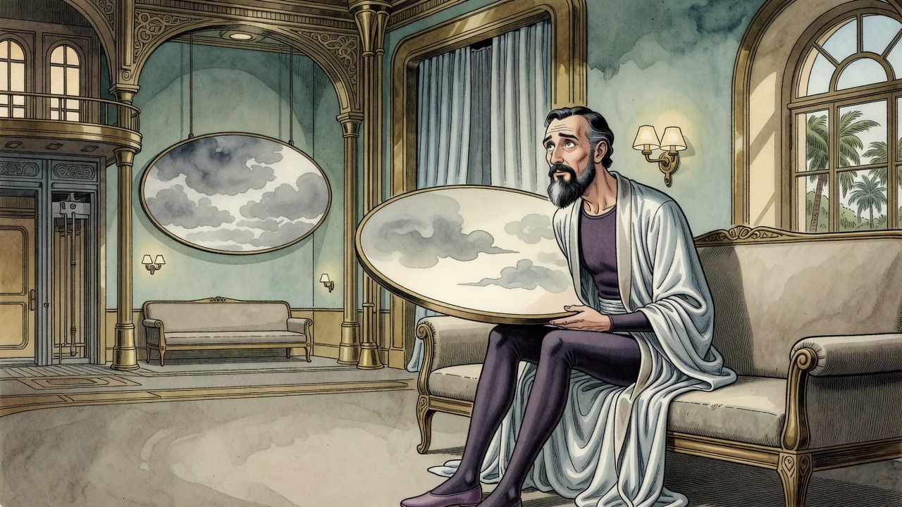 A bearded man sits alone on a long settee in a bare room, staring at a large oval disc of shifting grey smoke hung on cables.
