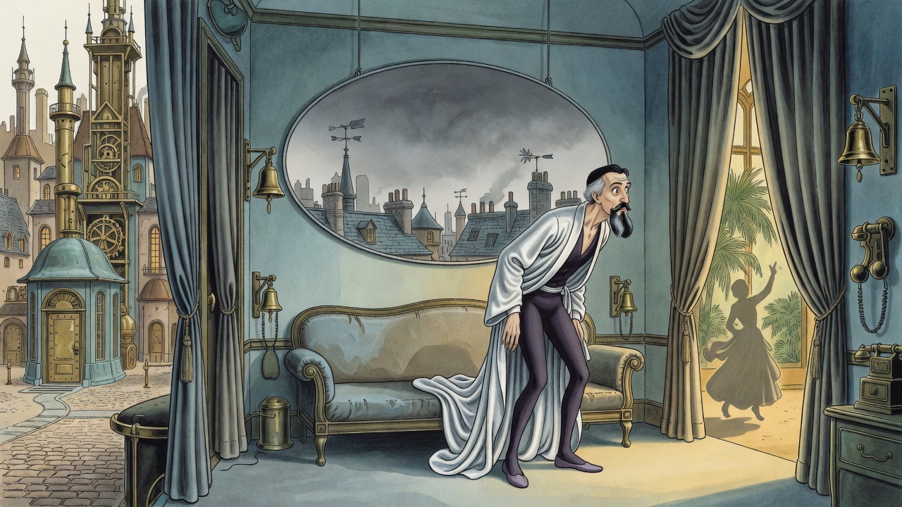 A man half-rises from a settee, head turned toward a curtain where a woman's shadow and a light move beyond.