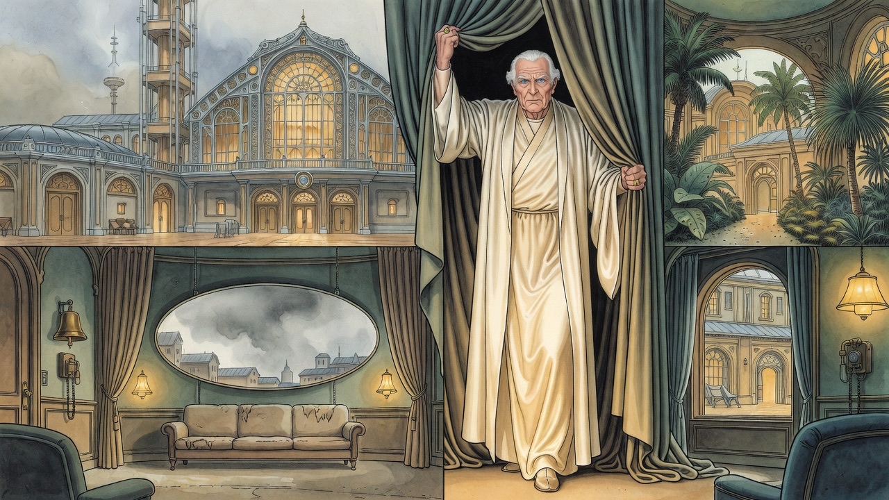 A tall white-haired man in cream silk lifts a curtain with one raised arm and looks down at the man in the room.