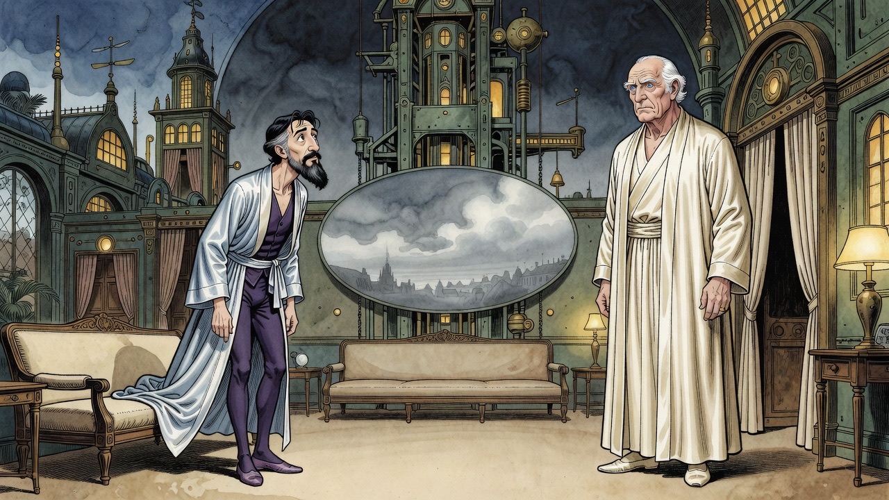 Two men stand facing each other in silence across a small bare room, one in cream silk, one in a pale satin robe.