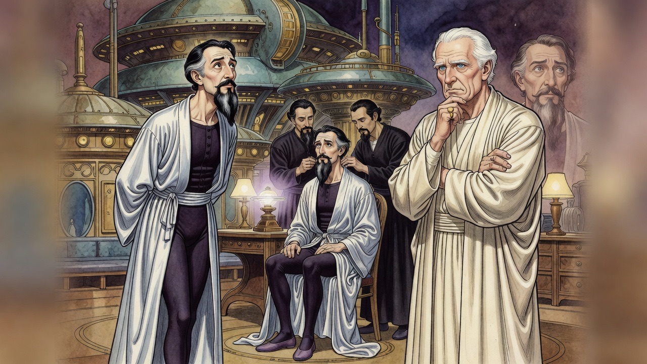 In an imagined scene, attendants arrange a hypnotised look-alike of the bearded man in a satin robe while a man in cream silk inspects him.