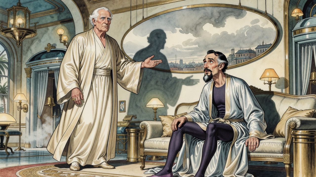 A white-haired old man in cream silk turns in mid-stride and sweeps out an arm while a bearded man listens from a settee.