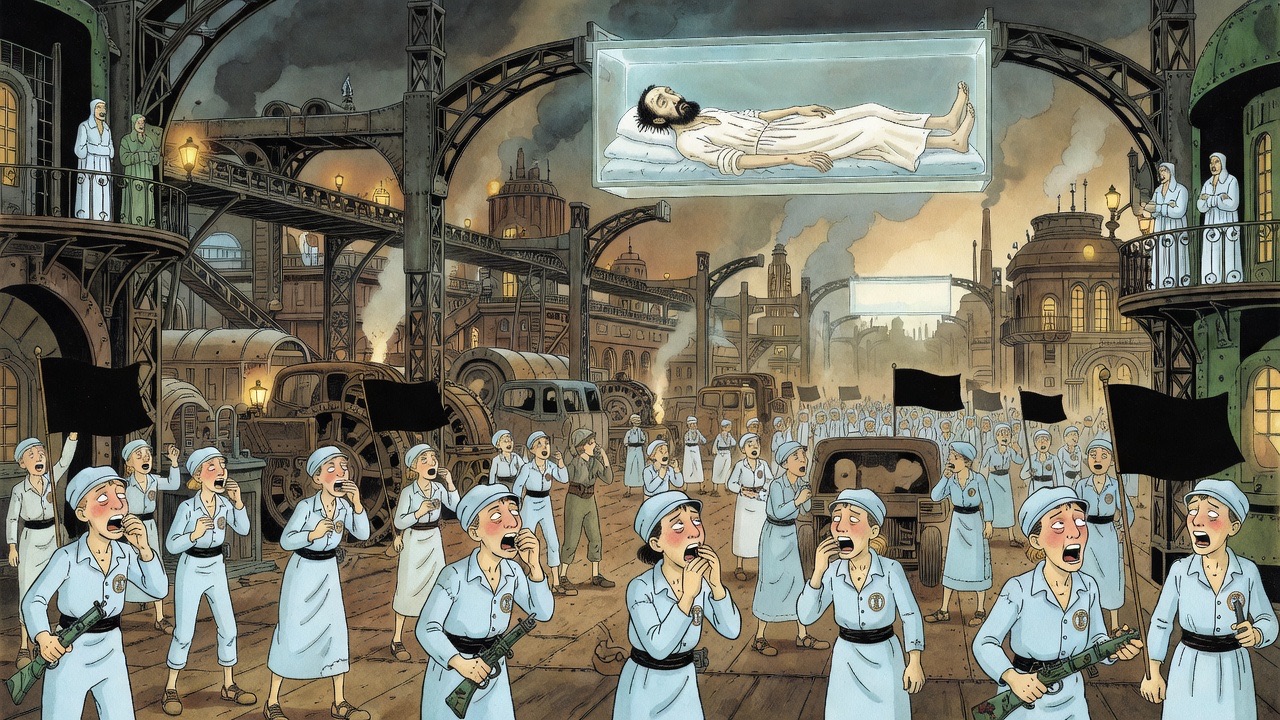 In an imagined panorama, endless crowds of workers in blue canvas toil beneath vast machines and gaze toward a distant glowing image of the Sleeper.