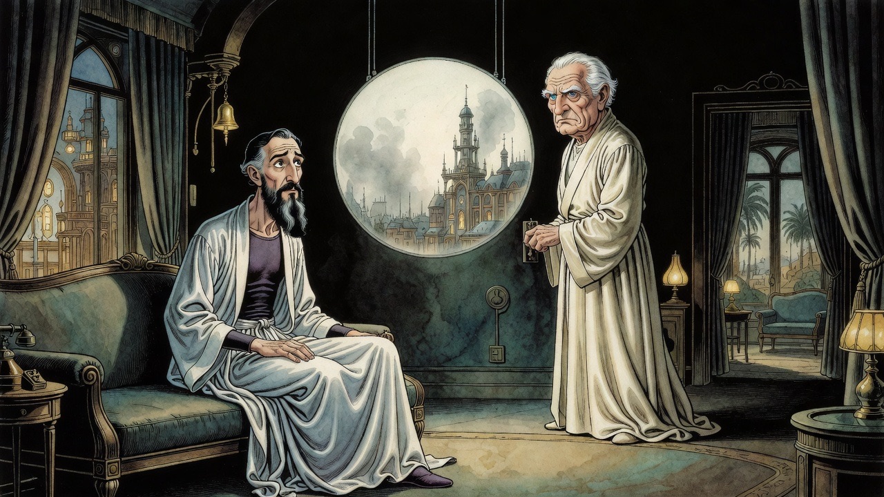 A man in cream silk stands with his hand on a switch as the room goes dark except for a softly glowing oval on the wall.