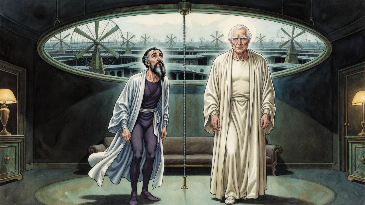 Two silhouetted figures stand before an oval on the wall that has become a luminous window onto a wintry vista of roofs and giant wind-wheels.