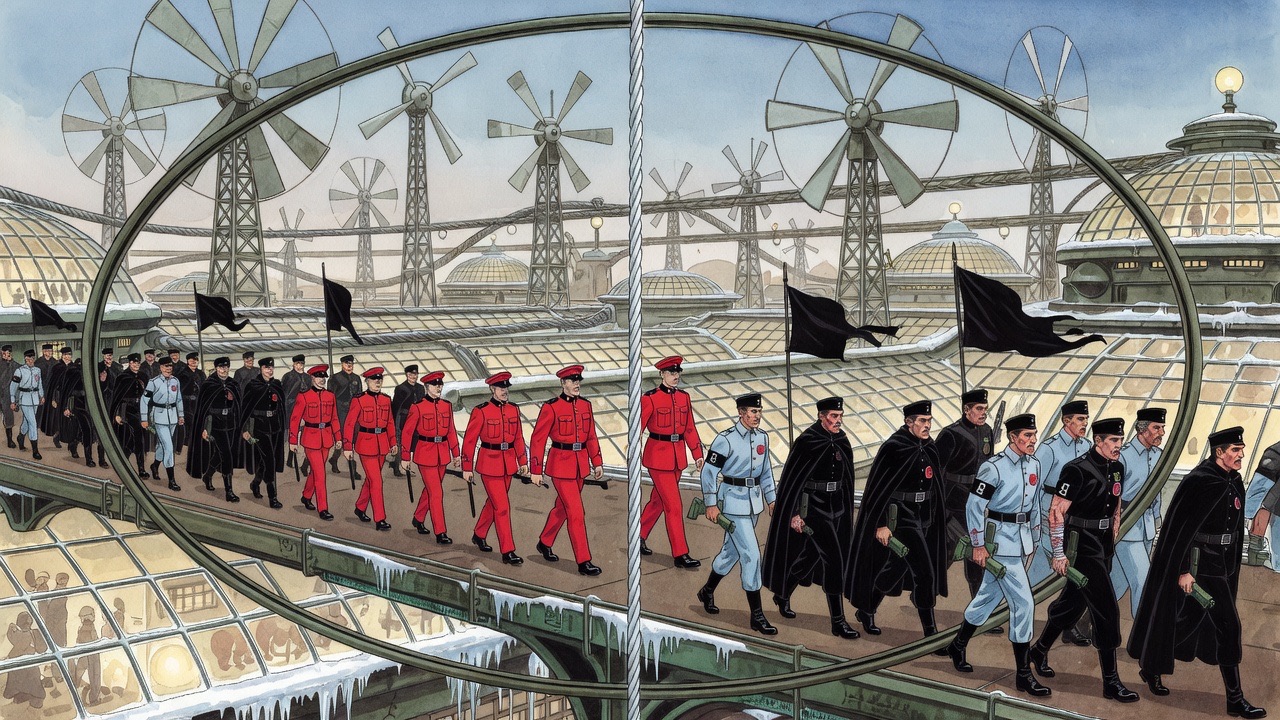 Seen in the oval picture, a file of men in red marches between files of armed men in black across an open roof space among wind-wheels.