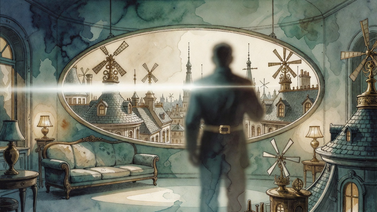 A blurred shape like a passing figure and a flash of metal sweep across a round luminous picture of rooftops.
