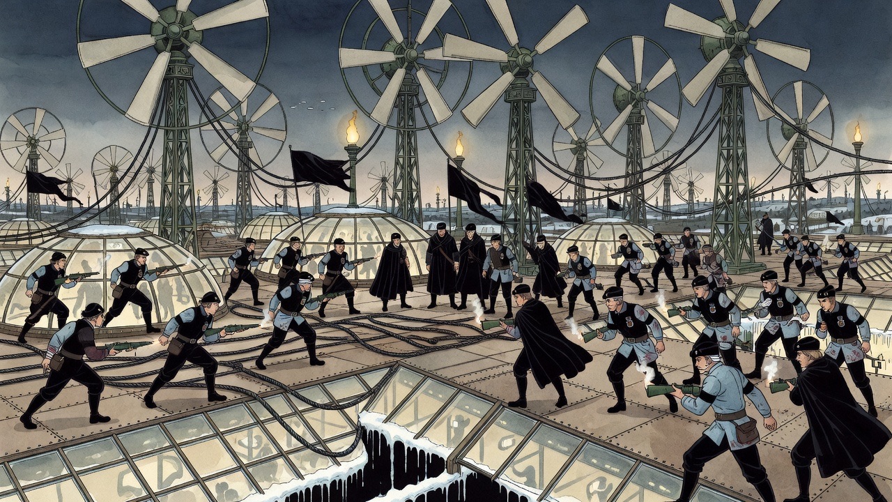 In the oval picture, tiny men run between giant wind-wheels firing weapons that spit little puffs of smoke.