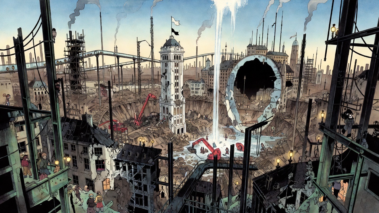 In the oval picture, a huge smoking crater of ruined buildings opens amid the roofs, with tiny figures swarming over the wreckage.