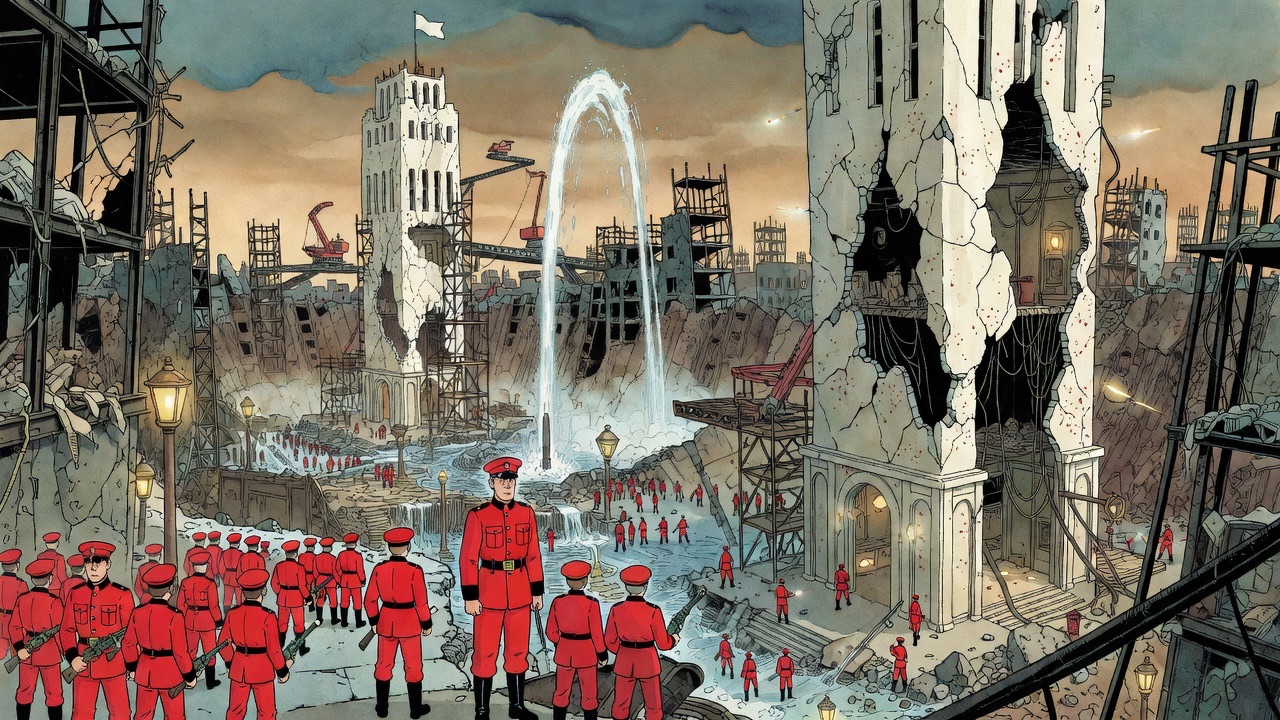 In the oval picture, a ragged white building with sliced-open halls and dangling cables rises from the ruins, tiny red figures firing from its gaps.