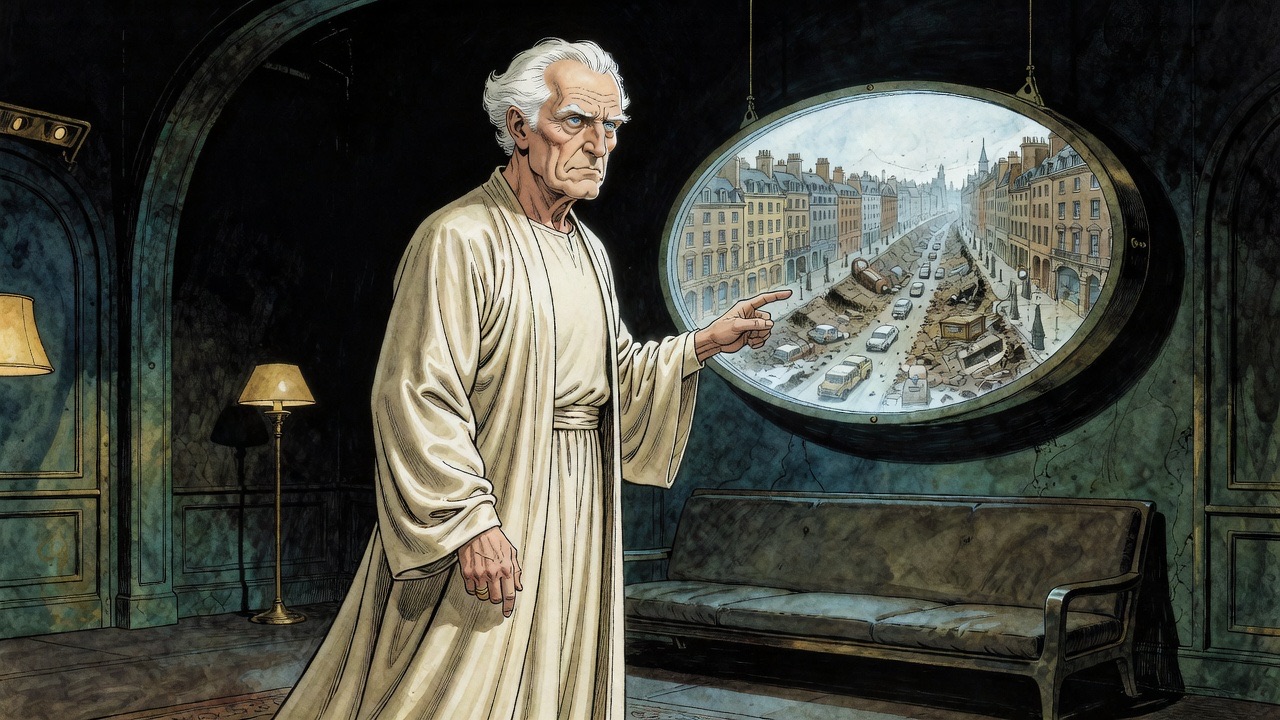 An old man in cream silk, lit from the side by a glowing picture, points precisely at tiny details on it while explaining.