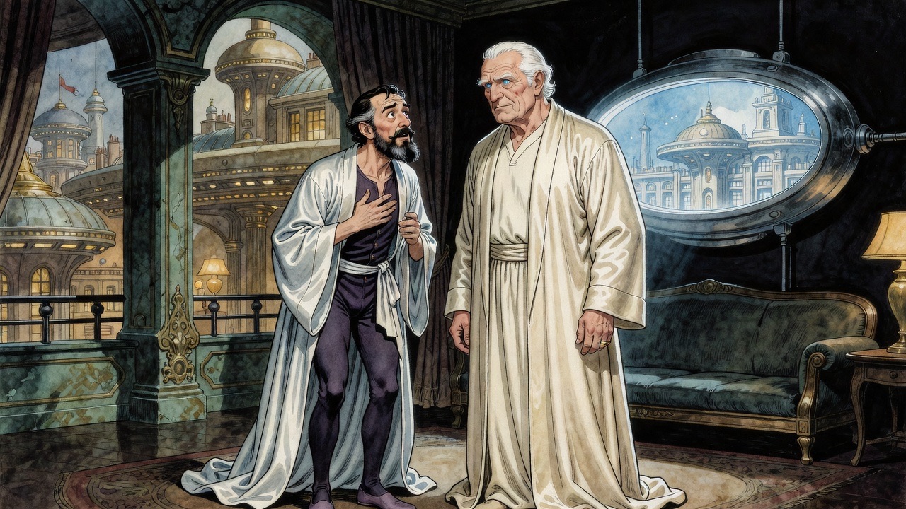 In the glow of a screen, a bewildered bearded man turns to a calm white-haired man beside him.