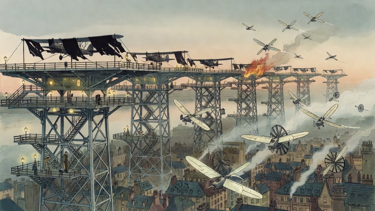 In an imagined scene, small winged flying machines turn away from a burning city toward the sea while larger aeroplanes sit captured on a stage.