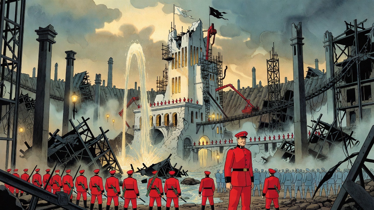 In the oval picture, the ragged white building glows amber as a cloud shadow passes, and the red defenders have stopped firing.