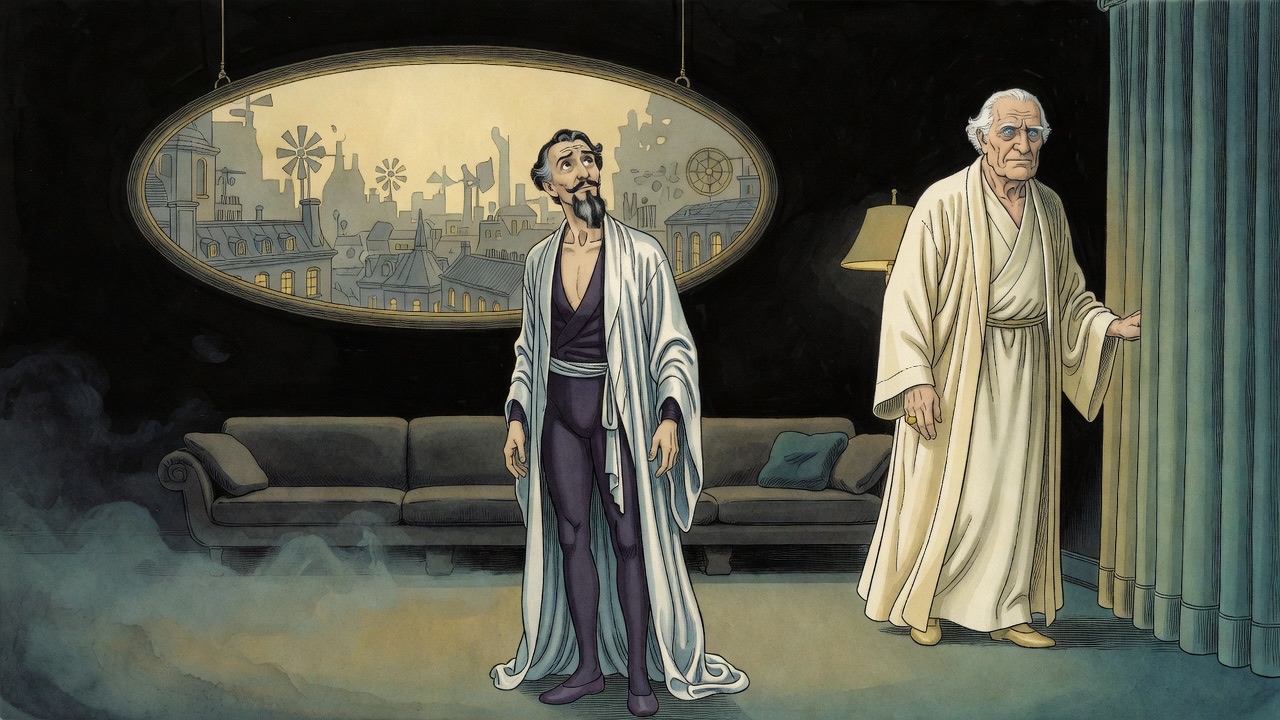 In a dark room, a lone bearded man stands before a glowing oval picture of a vast city, while an older man turns away in the background.