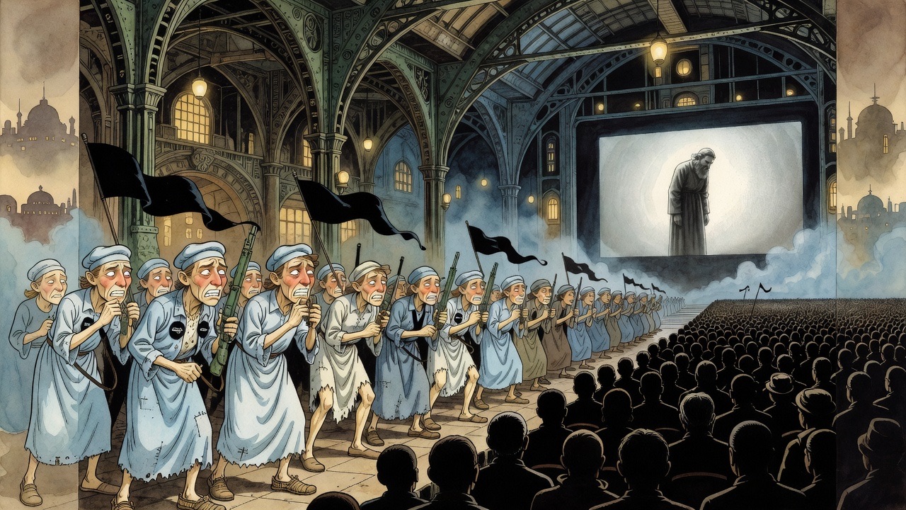 In an imagined panorama, vast audiences in darkened halls across the world watch a huge black-and-white projected image of a bowing robed man.