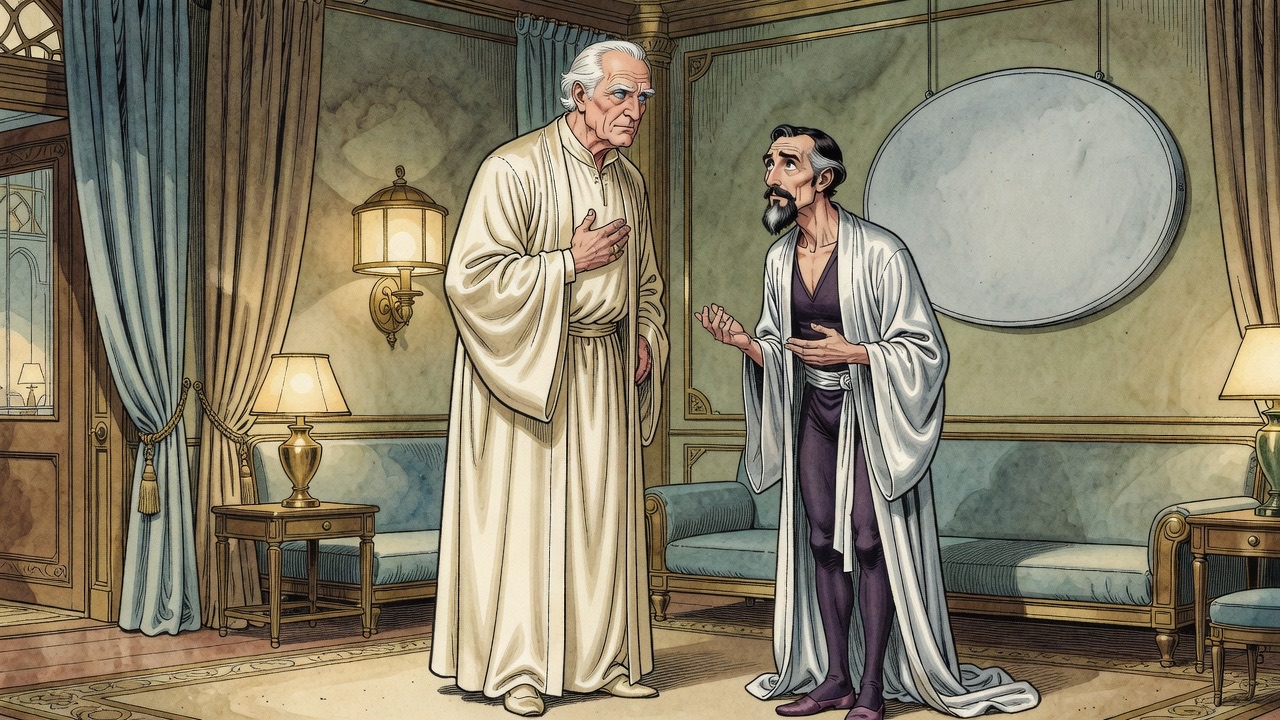 A white-haired man in cream silk demonstrates a stately bow while a bearded man watches uneasily.