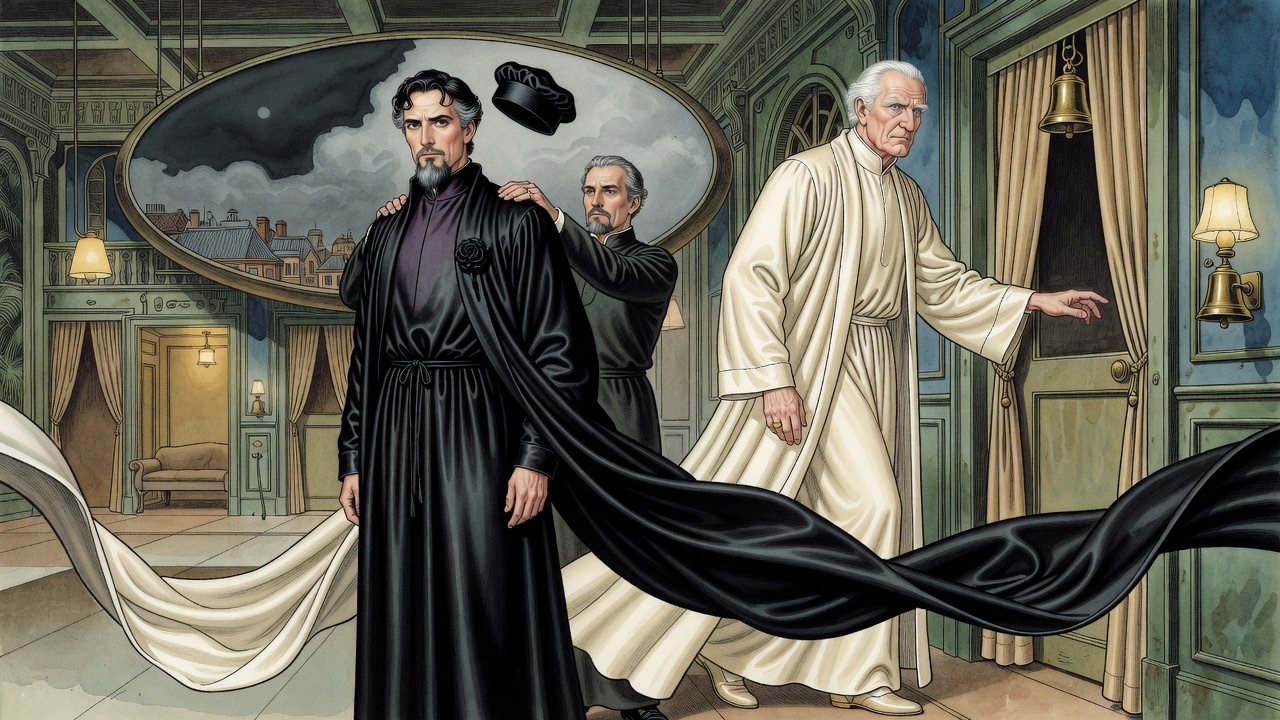 An attendant settles a flowing black robe onto the shoulders of a bearded man while a white-haired man in cream turns toward a ringing bell.