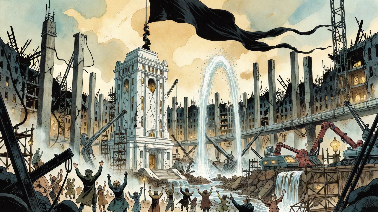 A coil of black cloth climbs in jerks up a flagstaff on a ruined white building, unfolding as it rises.