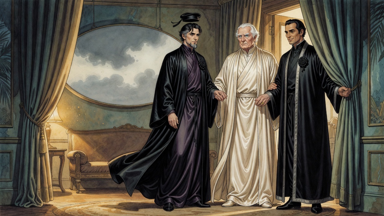 A white-haired old man grips the arm of a black-robed man while a tall man in black holds open a curtain full of distant roar.