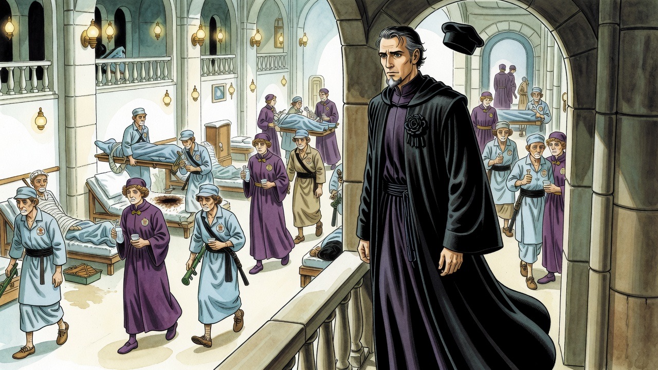 From a railed footway, a glimpse into a long white ward where bearers in blue carry covered stretchers and physicians in violet tend bandaged men.