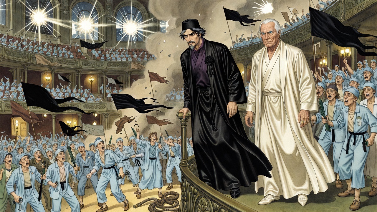A black-robed man and a white-haired man in cream enter a high gallery above a vast brilliantly lit theatre filled with black banners and blue-clad crowds.