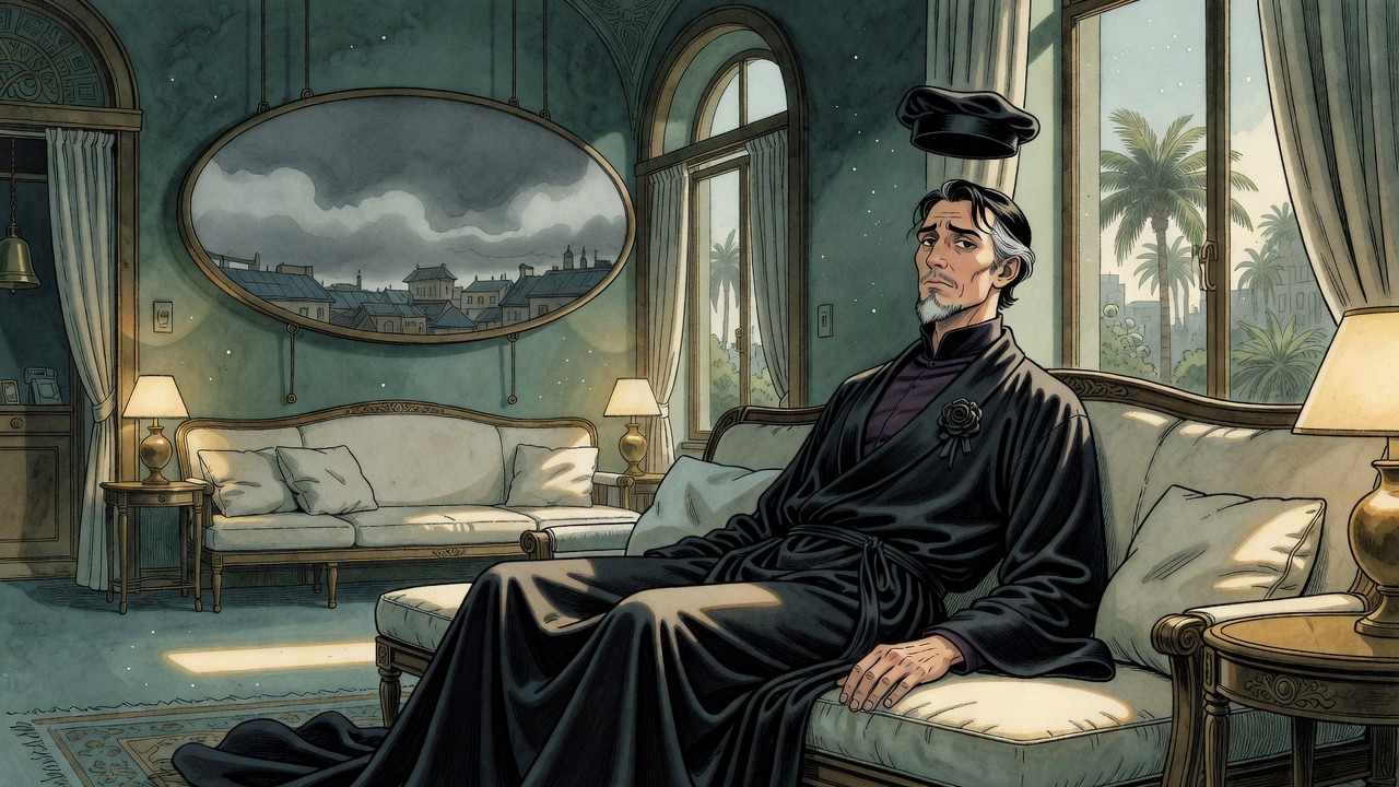 A bearded man in a black robe sits slumped and half asleep on a couch in a quiet apartment beside arched windows onto palms.