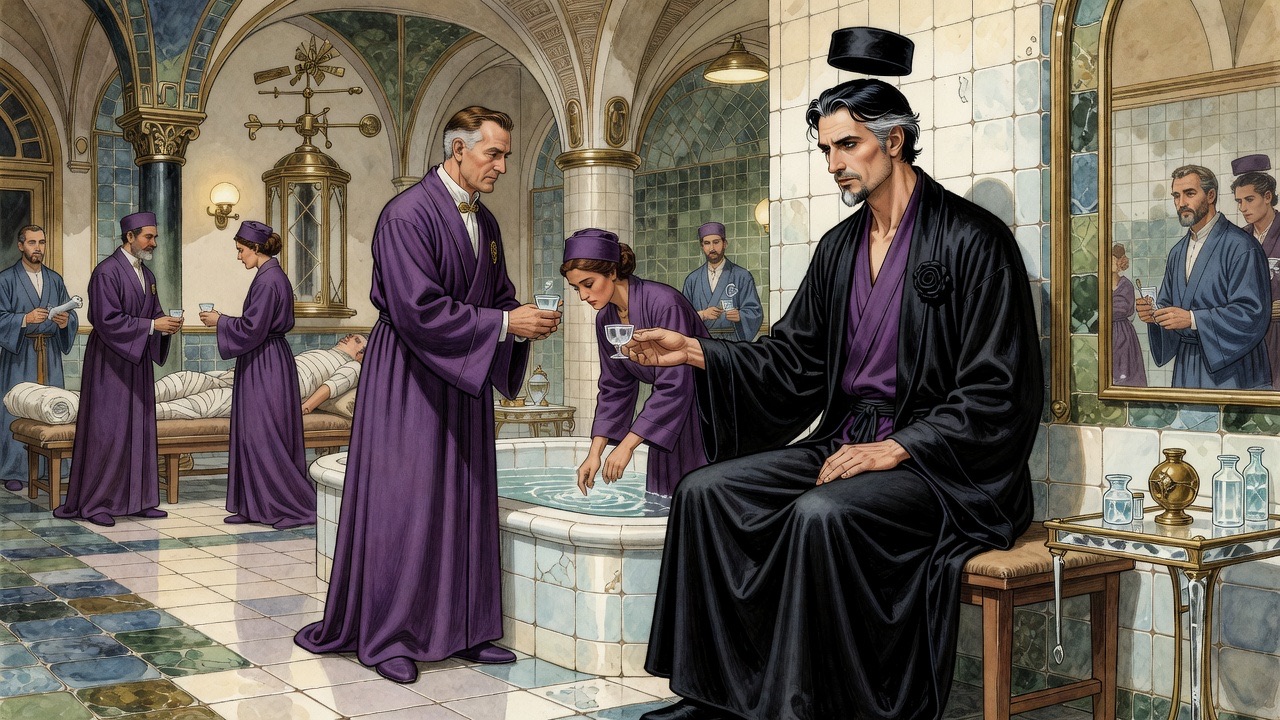 Two physicians in violet robes offer a crystal cup to the weary man while one draws water into a cold bath.