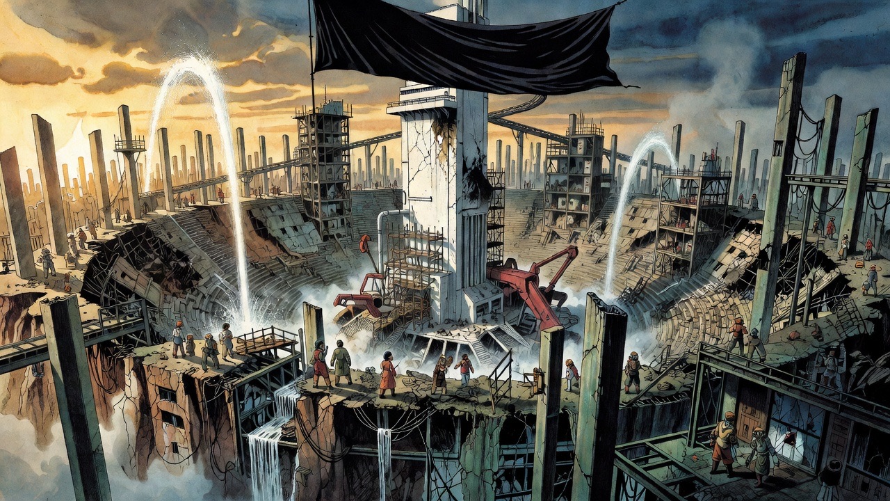 A mile-wide crater of smashed buildings at sunset surrounds a tall ragged white building flying a black banner.