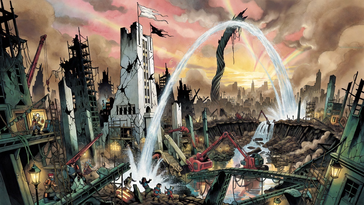 A giant twisted pipe thrusts out of distant buildings, spouting a shining cascade two hundred feet into the sunset air above the ruins.